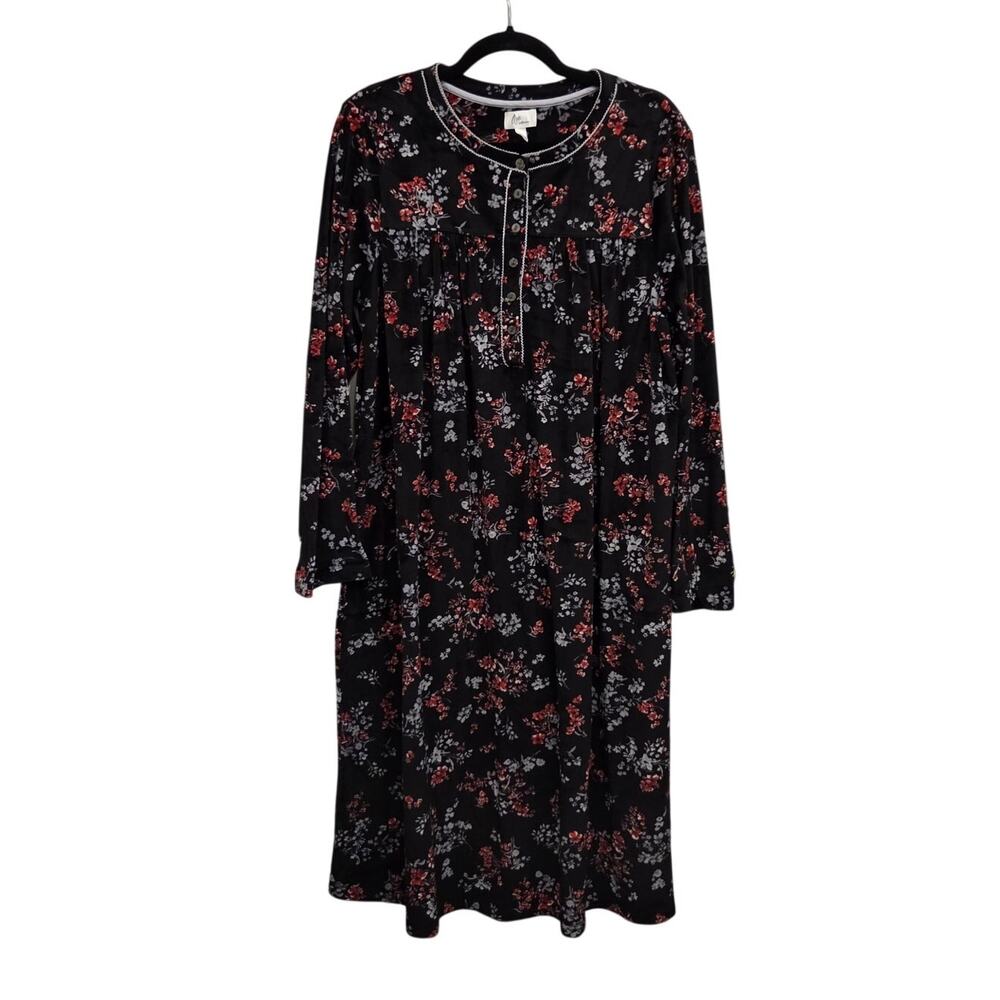 Aria Black Floral Velour Nightgown Long Sleeve Pockets Winter Cozy Size Large